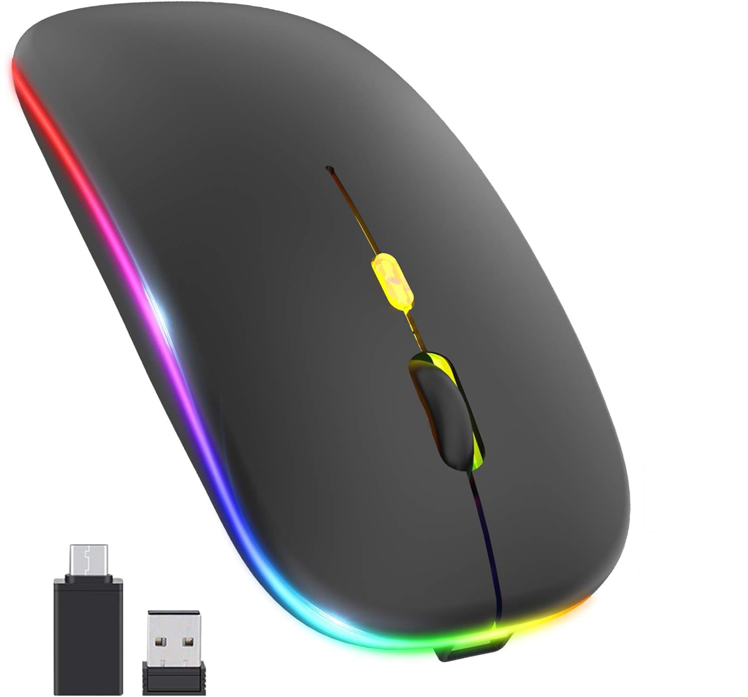 LED Wireless Mouse, Slim Silent Mouse 2.4G Portable Mobile Optical Office Mouse with USB & Type-c Receiver, 3 Adjustable DPI Levels for Notebook, PC, Laptop, Computer (Black)