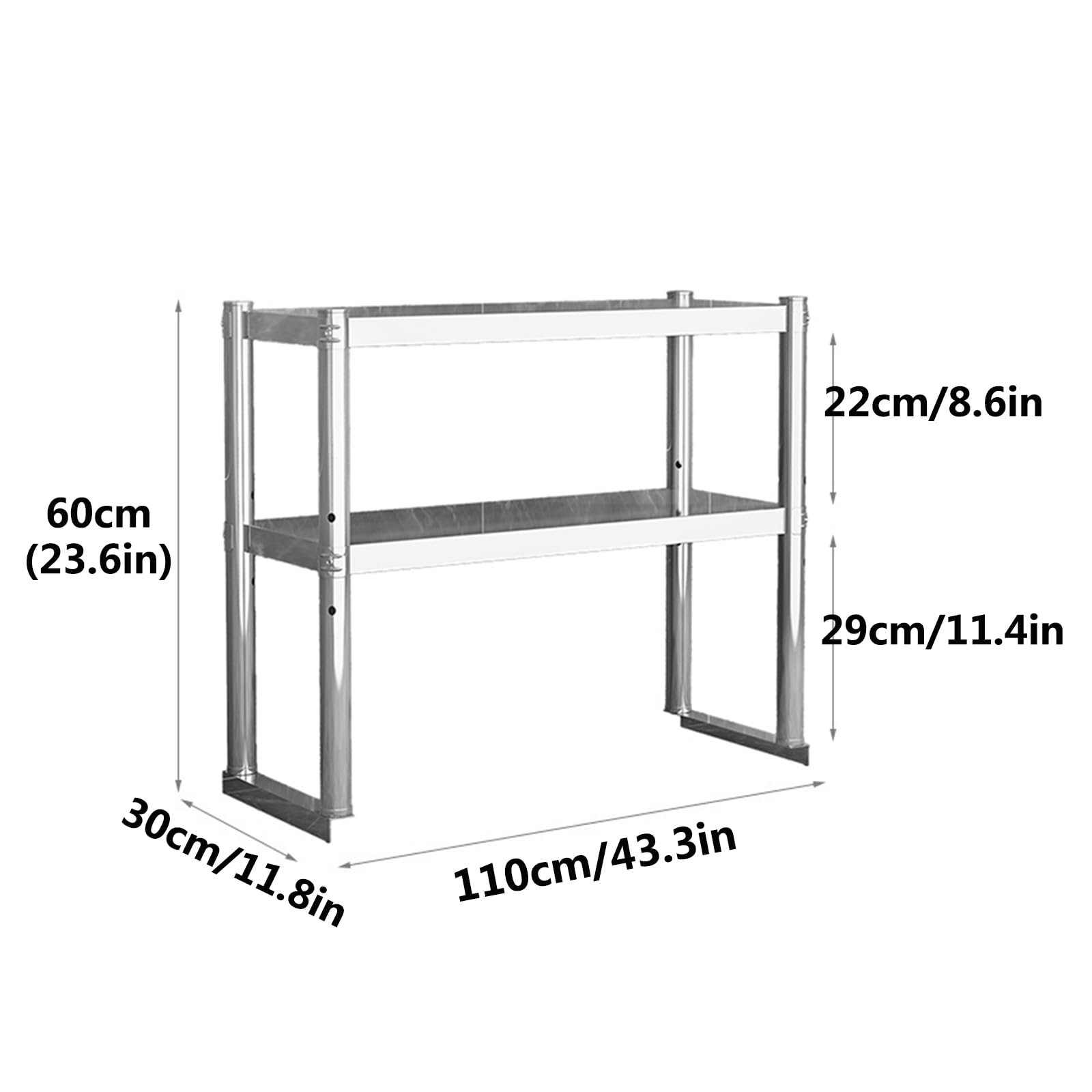 Scaffale da cucina in acciaio inox, 110 x 30 cm, in metallo, resistente, per cucina o ristorante, design a 2 ripiani