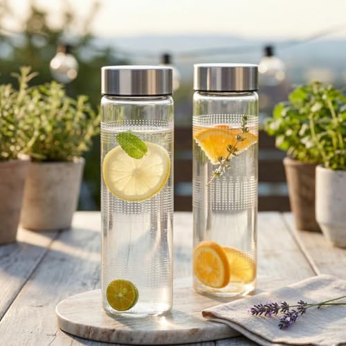Image of CROCO JAR Wide Mouth Glass Water Bottle 750ml - Leak-Proof Airtight Double Layer Stainless Steel Lid, Durable Reusable Bottle For Water, Smoothies, Juices | Set of 2