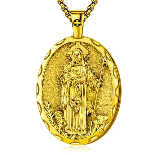 Religious Oval Medallion Pendant Necklace, 18K Gold Plated, Jesus Shepherd Design, Box Chain
