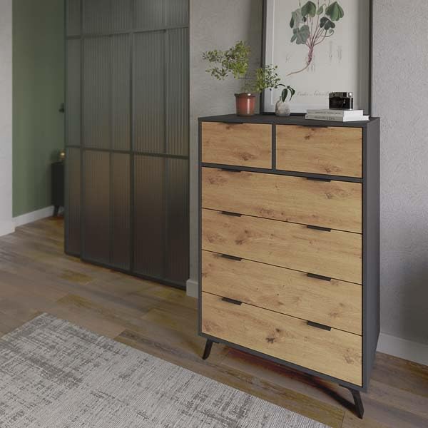 Meyvaser.com Ecommerce Company Cómoda con 6 Cajones, para Dormitorio, Acabado en Color Gris/Roble, Medidas: 80 cm (Ancho) x 122 cm (Alto) x 48 cm (Fondo)