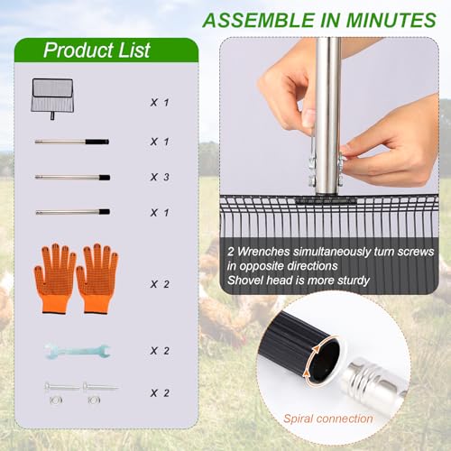 Image of 10inch Large Metal Chicken Poop Scooper, 36 inch to 75 inch Long Chicken Coop Litter Scoop with Stainless Steel Adjustable Handle, 4 in 1 Detachable Litter Sifting Shovel Scoop for Chicken Coop Accessories