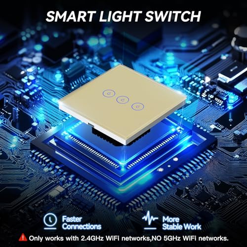 BSEED Smart Lichtschalter 3 Fach 2 Wege Wifi Smart Lichtschalter arbeitet mit Amazon Alexa and Google Home,Glas Touchscreen-schalter Gold-2 Pack(Erforderlich NeutralDraht)