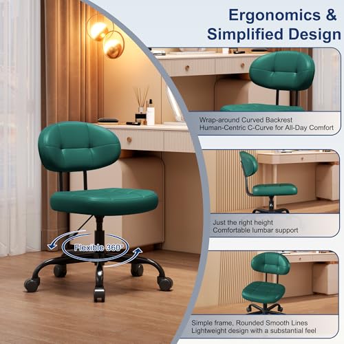Image of Misolant Vanity Chair with back, Small Armless Cute office Chair with wheels and Lumbar support, Comfy PU Leather Desk Computer Chairs with Adjustable Height, 360Swivel for Home Bedroom Office, Green