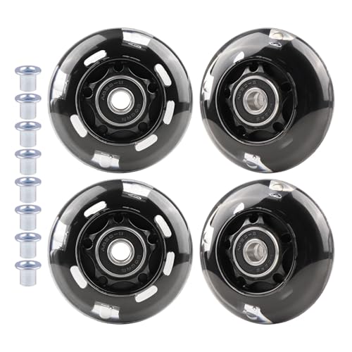 WHEELGOO 4-Pack PU Inline Skate Wheels Flashing Wheels Replacement w/Bushings for Kids Youth Children's Roller Skates (Black, 64mm)