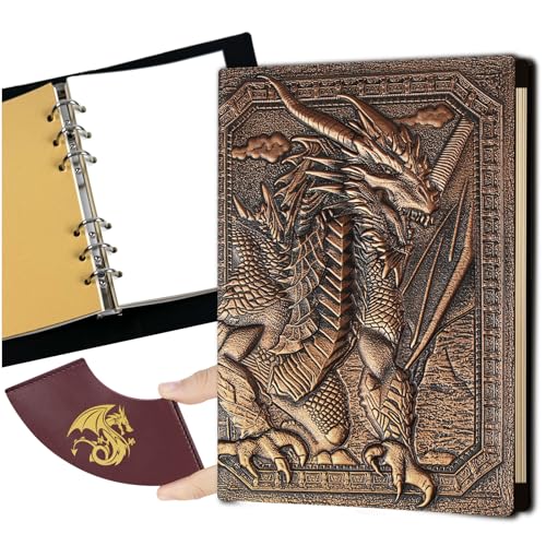 DDFE DND Diario dei Draghi, Libro Unico da 400 Pagine con Rilegatura Ricaricabile a 6 Anelli in Pelle in 3D in Stile Rilievo per Regali di Dungeons and Dragons/D&D, Accessori per Amanti dei Giochi di