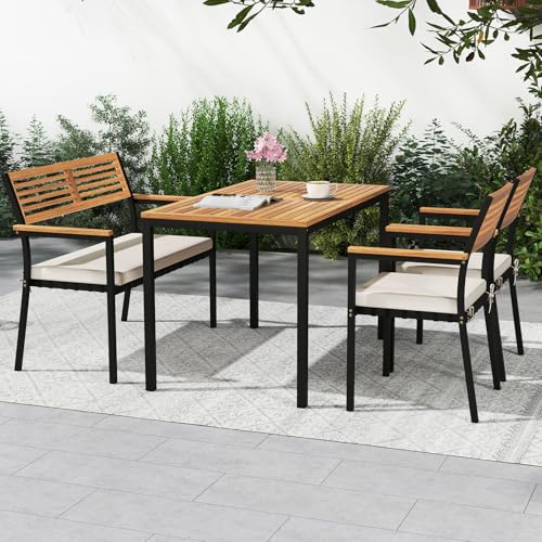 Toolsempire 4 Pieces Patio Dining Table Set, Outdoor Rectangle Table w/Loveseat & 2 Stackable Chairs, Cushions, Umbrella Hole, Acacia Wood Armrests & Tabletop, Dinette Furniture for Backyard Garden