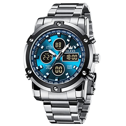 OLEVS Mens Watches Multifunctional Chronograph Led Analog Digital Watch Stainless Steel Day Date Alarm Wrist Watch Gent Luminous Waterproof