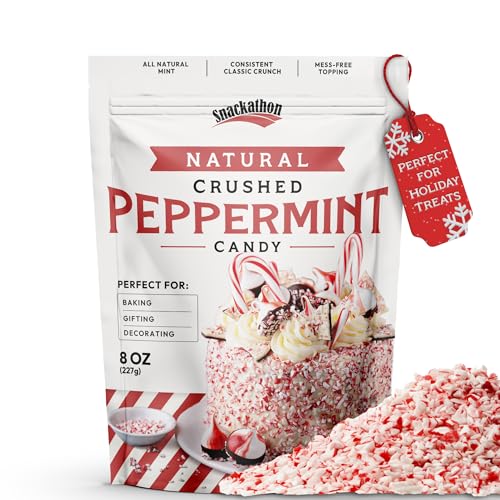 Snackathon Crushed Peppermint Candy Pieces, Natural Red & White Mint Bits, 8 OZ Resealable Bag – Topping for Baking, Hot Cocoa, Ice Cream, Christmas Cookies & Holiday Desserts