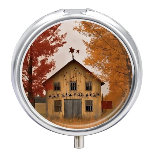 YHEGBFD ラウンドピルボックス、秋のカントリーバーンメディシンピルケース、3つのコンパートメントピルボックス、財布やポケット用のポータブルピルオーガナイザー