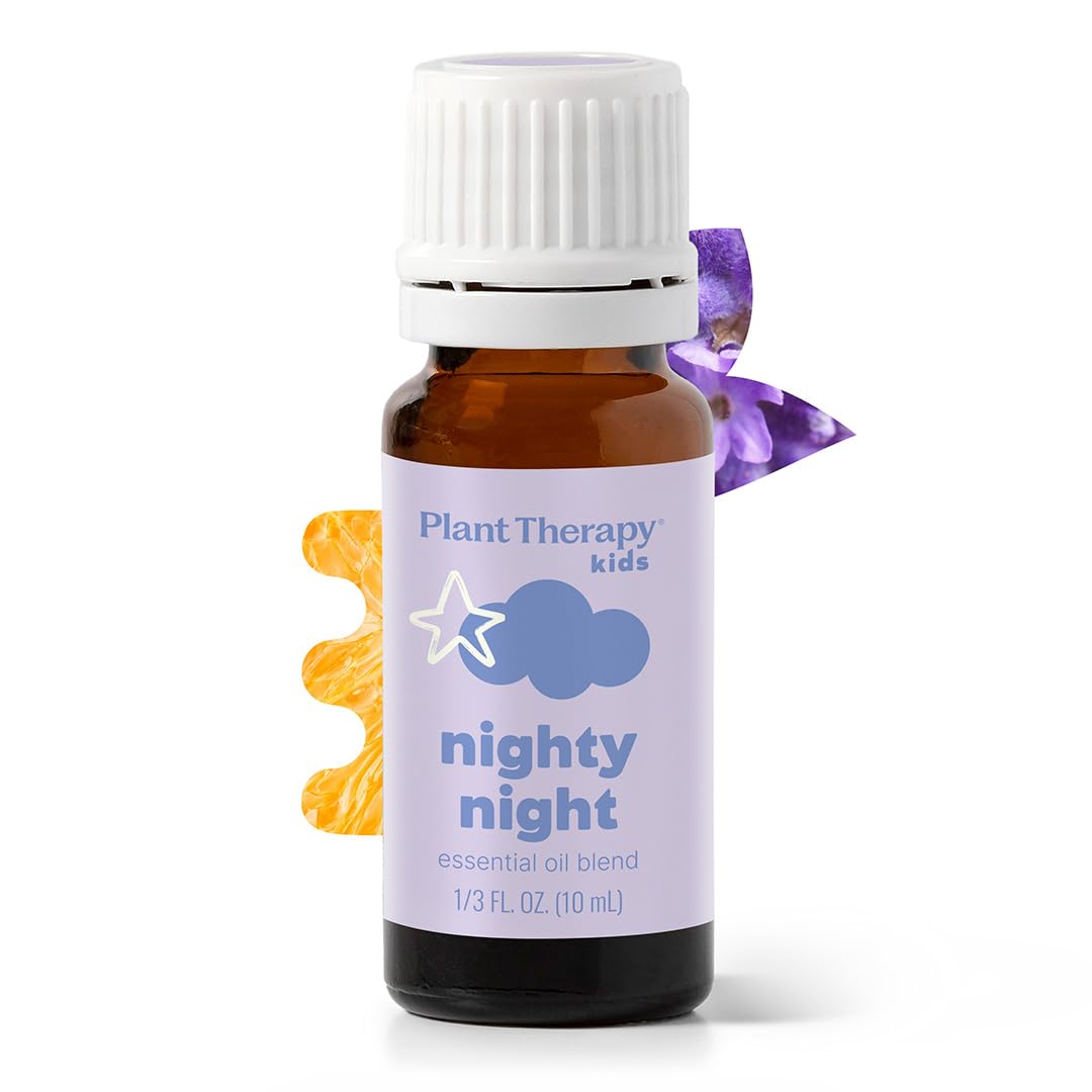 Plant Therapy KidSafe Nighty Night Synergy Essential Oil Blend. Blend of: Lavender, Marjoram, Mandarin, Cedarwood Atlas, Patchouli, Clary Sage, Chamomile Roman and Blue Tansy. 10 ml (1/3 oz).