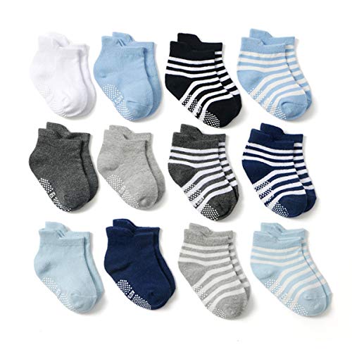Non Slip Grip Ankle Socks with Anti Skid Soles 12 Pairs for Baby Infants Toddlers Kids Boys 3-5 Years