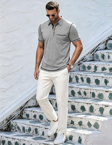 Image of Mens Polo Shirts Short Sleeve Casual Summer Lightweight Cotton Golf Polo Shirts with Pocket