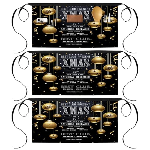 Lot de 3 tabliers courts de chef avec 3 poches motif boules dorées