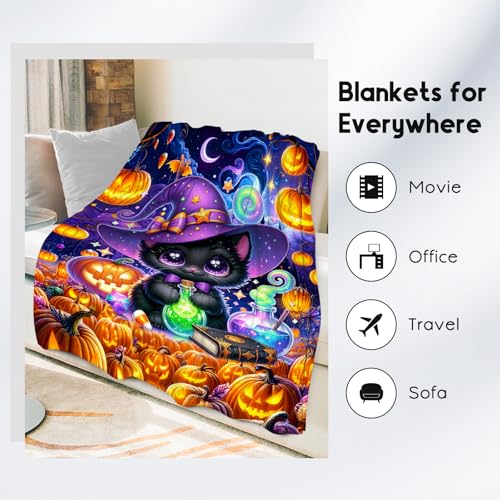 Halloween Blanket Gifts, Cat Blankets for Teens, Girls Throw with Cat on It, Cute Flannel Throw for Kid Boys, 50"x60"