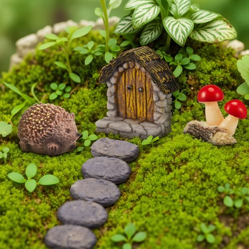 Bucherry 8 Pcs Fairy Garden Decor Including Tiny Circular Arch Door, Hedgehogs & Wood Mushroom Sculpture, Stone Path Road Fairy Wild Garden Supplies Terrarium Miniature DIY Accessories