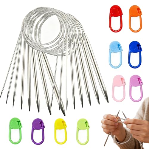 11 Pcs Circular Knitting Needles 80CM Circular Needles 2.0mm-8.0mm Stainless Steel Round Knitting Needles with Colored Marker Pins for Knitting Sweaters Scarves Hats and Home DIY Projects