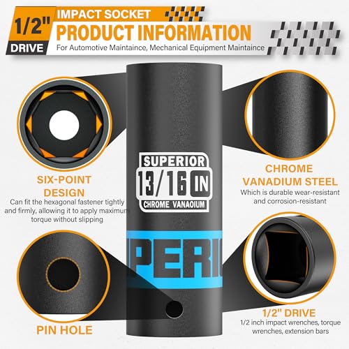 Image of 1 /2 inch Drive Impact Socket, 13 /16 inch Deep Socket, SAE, 6 Point, CR-V, for Car Repair, Loosen the Fastening Nut