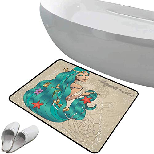 Alfombra de baño antideslizante Zodiaco acuario suave antideslizante Dama con flores de perlas Estrella de mar Sexy Fantasía Diseño gráfico de personajes,Verde y crudo, Para ducha Felpudo Dormitorio S