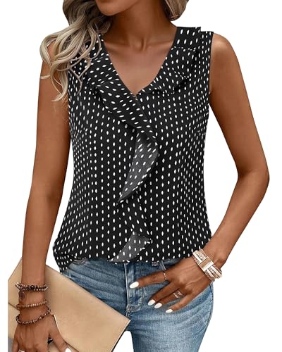 Gaharu Office Wear Blouses: Ruffle V-Neck Sleeveless Tops Women Dressy Casual - Chiffon Tank Shirts for Business Meetings Spotted Black M