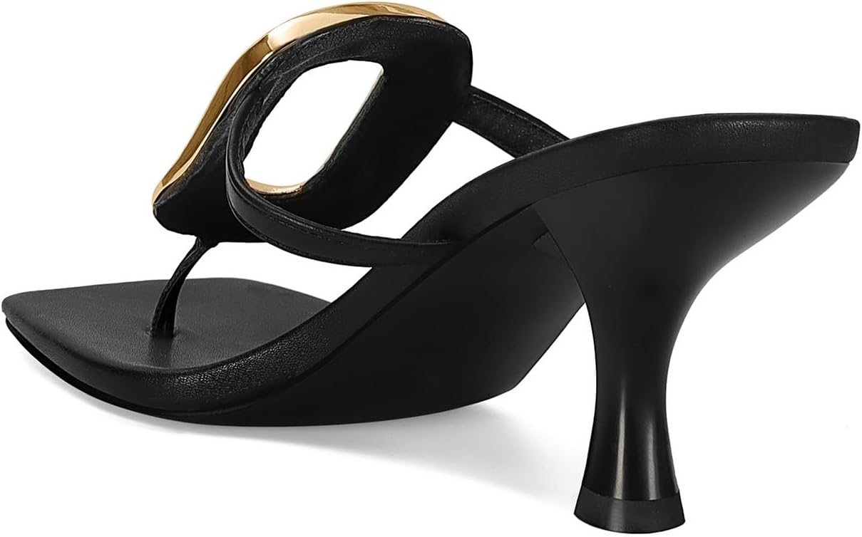 Black Flip Flop Heels Sandals for Women Metal Kitten Heels Thong Sandals Slip on Comfort Square Toe Casual Fashion Summer Flip Flops Shoes - Image 6