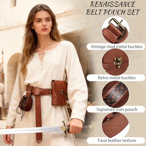 Sac en cuir médiéval de haute qualité marron avec double pochette et porte-potion - 3