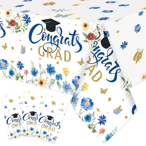 Image of Ganeen 3 Pcs Graduation Tablecloth Floral Class of 2026 Congrats Grad Table Cloths Blue Disposable Plastic Rectangle Table Cover for 2026 Graduation Decorations Grad Party Supplies, 54 x 108 Inch