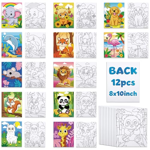 Louise Maelys 12 Packs Animal Pre Drawn Canvas to Paint for Boys Girls