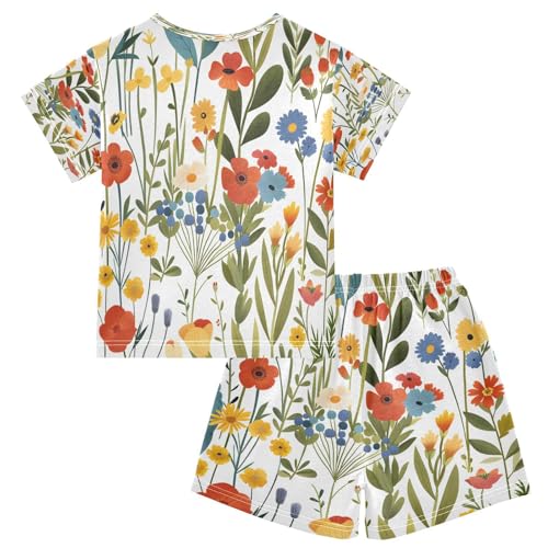 senya Short Sleeve Pajamas Sets Summer Cotton Sleepwear Red Yellow Leaves Flower2