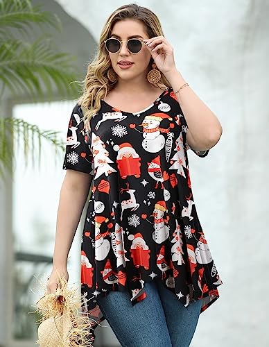 Larace Ugly Christmas Shirts For Women Short Sleeve Tops Plus Size Summer Clothes V Neck Handkerchief Tee Blouses(Flower47 3X) #TOP4