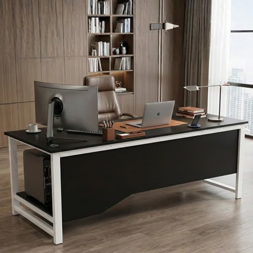 Image of Executive Director Desk | Office Table | Manager Cabin Work Desk with Modesty Panel & Cable Grommet | Sturdy Metal Frame | Black Top & White Base | DIY.