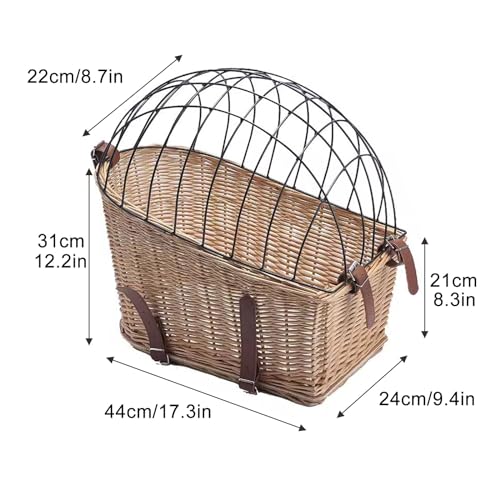 Kosz rowerowy dla zwierząt domowych, wiklinowy, tylny kosz z osłoną z siatki drucianej, dla psów i kotów do 11,3 kg, trwały bagażnik rowerowy