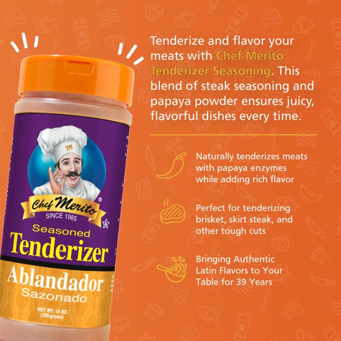 Chef Merito Seasoned Tenderizer 14 oz | Perfect for Beef, Pork & Poultry | Tenderizes & Enhances Flavor | Authentic Latin Flavor Since 1985 (Pack of 2) image 5