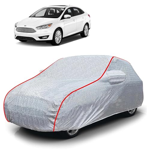 Image of Sulfar 100% Waterproof Car Body Cover Compatible with Mirror for Ford Focus (Triple Stitched, Full Bottom Elastic, Magic Silver with Red Piping)