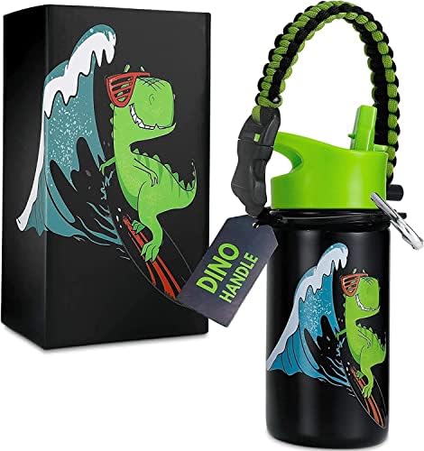 Dinosaur Water Bottle, 14 OZ, Leak Proof, 36 Hours Cold, Dishwasher Safe Lid, Removable Handle, Wide Mouth Double Wall Vacuum Insulated Stainless Steel Water Bottle For School, Straw, Bottle For Boys