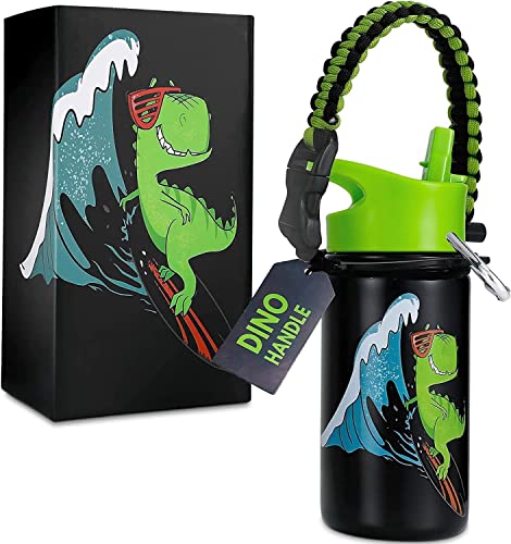 Dinosaur Water Bottle, 14 Oz, Leak Proof, 36 Hours Cold, Dishwasher Safe Lid, Removable Handle, Wide Mouth Double Wall Vacuum Insulated Stainless Steel Water Bottle For School, Straw, Bottle For Boys #TOP24