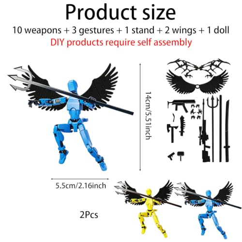 Image of 2-Piece Set Dummy 13 Action Figure, Desktop Decorations for Creative Display, DIY Assembly Toys with Articulated Joints, Blue and Yellow Figures with Wings and Weapons Set
