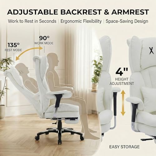 Image of Efomao Big & Tall Desk Chair, Wide Executive Office Chair with Footrest White-L