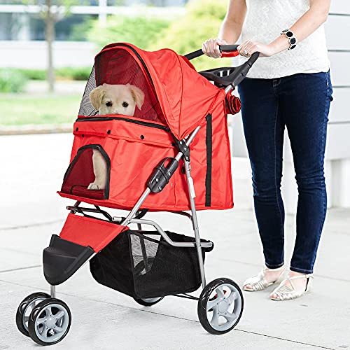 Dporticus 3 Wheel Pet Stroller Folding Carrier City Walk Strolling Cart for Dog、 Cat and More Multiple Colors