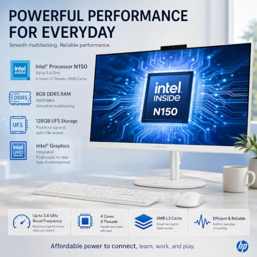 Image of HP OmniStudio 23.8 inch FHD All-in-One Desktop Computer | Intel N150 Processor | 16GB RAM 128GB UFS Storage | Wi-Fi 6, 1080p Webcam | Wired Keyboard & Mouse | Windows 11 | Cashmere White