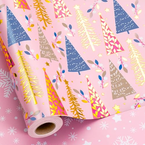 MAYPLUSS Pink Christmas Wrapping Paper, Metallic Christmas Tree Gift Wrap