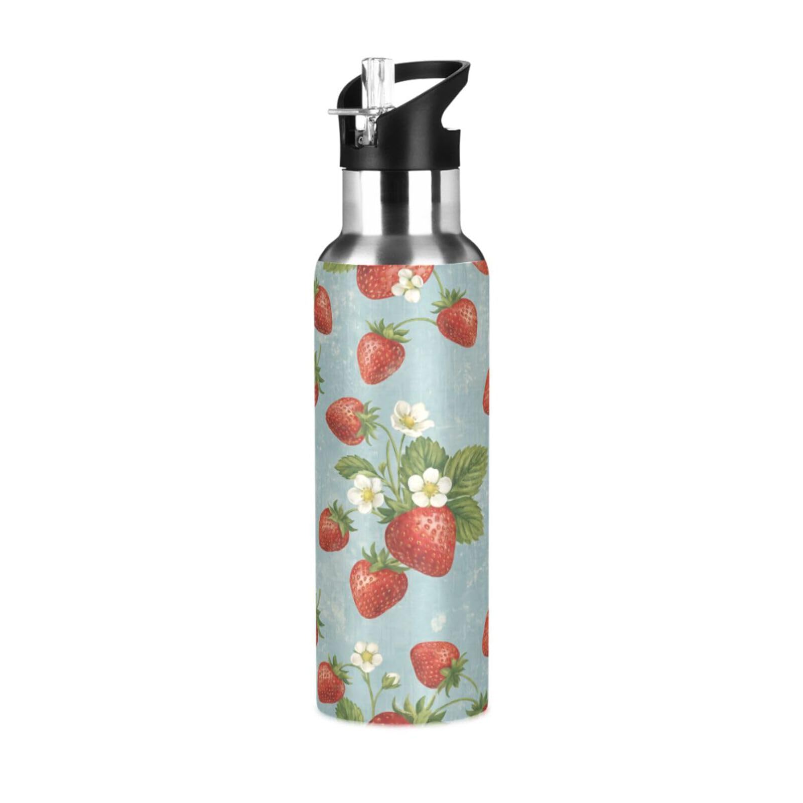 BOESI Strawberry Pattern Insulated Water Bottle 600ml, Stainless Steel Vacuum Sports Bottle with Straw, Leak Proof Thermal Bottle for Gym Travel Outdoor