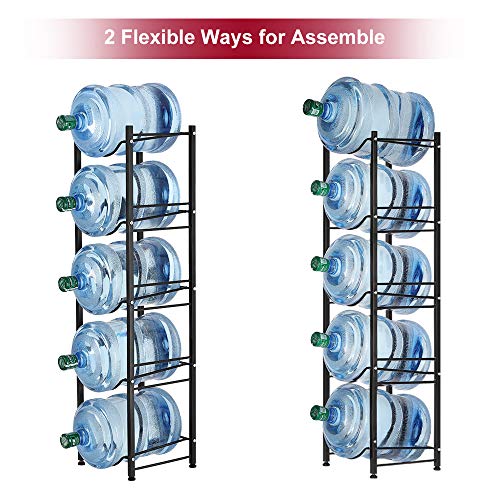 5-Tier Water Bottle Holder Cooler Jug Rack, 5 Gallon Water Bottle Storage Rack Detachable Heavy Duty Water Dispenser Accessory Water Jug Holder Stainless Steel with Black Baking Varnish