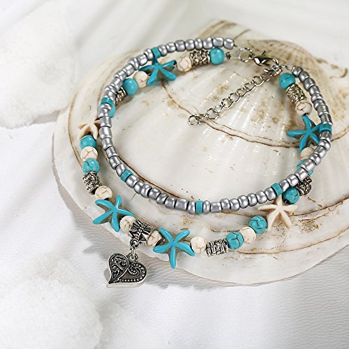 Image of Softones Blue Starfish Turtle Anklet Multilayer Charm Beads Sea Handmade Boho Anklet Foot Jewelry for Women