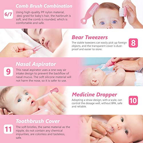 Baby Grooming Kit, 11 In 1 Portable Baby Safety Care Set With Hair Brush Comb Nail Clipper Nasal Aspirator Etc For Nursery Newborn Infant Girl Boys Keep Clean(Pink) (Pink) #TOP3