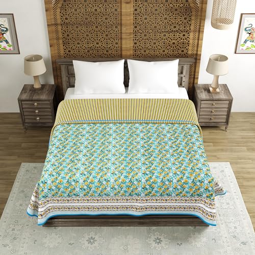 Image of BLOCKS OF INDIA 100% Cotton Dohar King Size Reversible Hand Block Printed Malmal Summer Dohar /Blanket (Blue GAD BUTI)