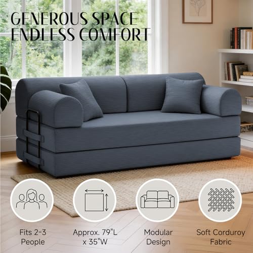 Image of 79'' Convertible Sofa Bed, 6 in 1 Folding Floor Futon Couch Sleeper with Fixed Frame, Corduroy Modular Sofa Bed with Removable Armrests & Pillows, No Assembly for Living Room Bedroom (Dark Gray)