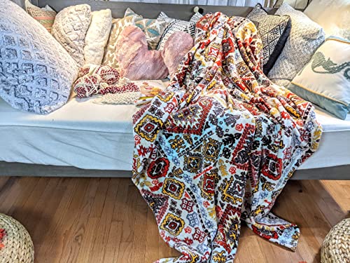 Dada Bedding Bohemian Southwestern Mink Fleece Throw Blanket - Lightweight Cozy Farmhouse Aztec Havana Geometric Abstract Soft Warm Fall Decor - Yellow & Red - Queen - 90" X 90" #TOP6