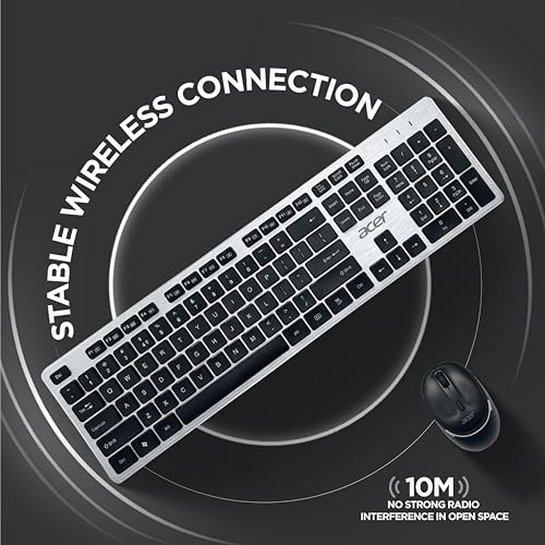 Image of Acer Fusion Wireless Keyboard and Mouse Combo, Durable Stylish Design, 2.4GHz Nano Receiver, 10m Range, Indian Rupee Key, Adjustable DPI (800 /1200 /1600), Compatible with Windows & Mac (Black & Silver)