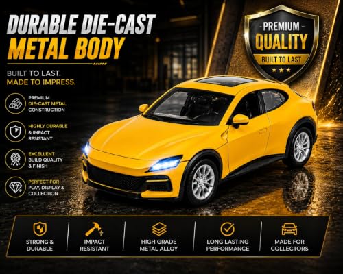 Image of TEC TAVAKKAL 1:36 Scale Diecast Metal Toy Car with Openable Doors, Pull-Back Action, LED Lights & Music - Premium Mini Sports Car Model for Kids & Collectors (Porsche Yellow)